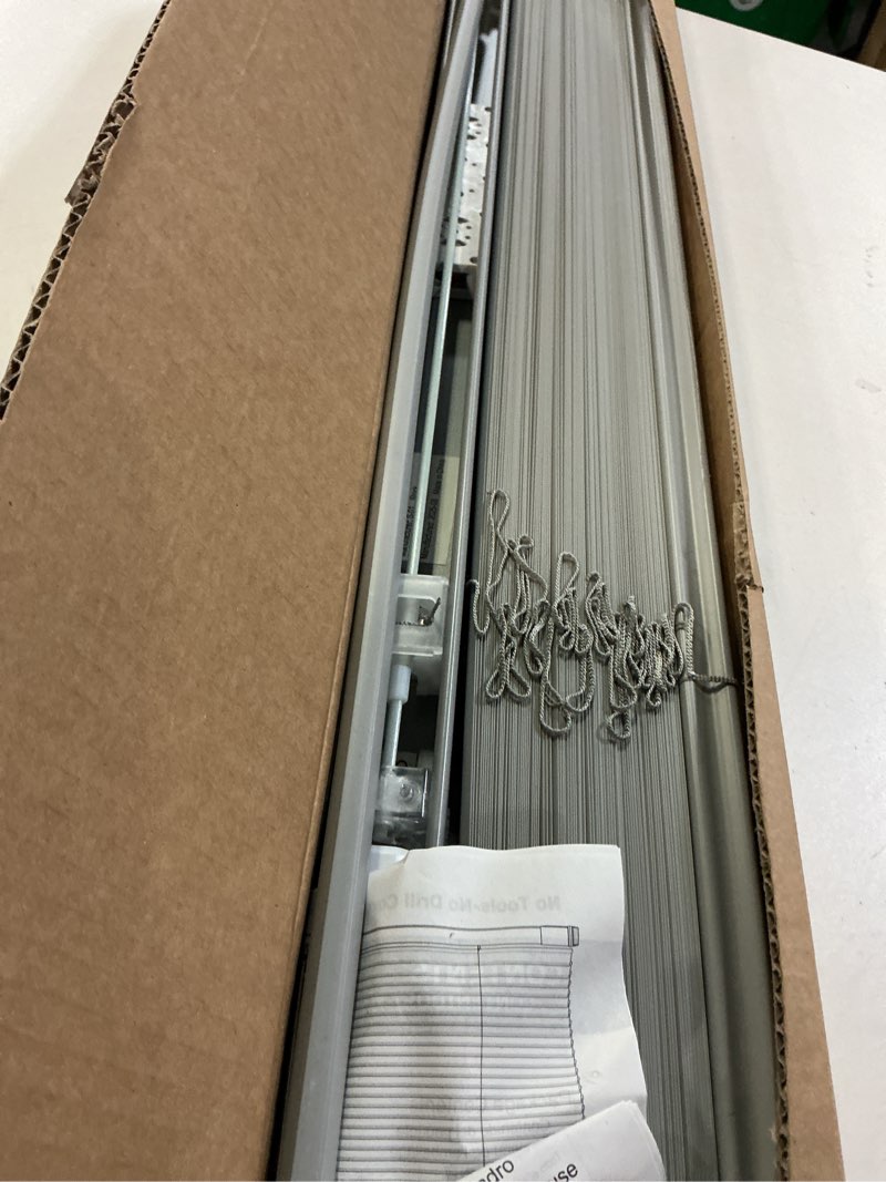 Condition photo showing As Is for No Tools No Drill Cordless Mini Blinds, 100% Privacy L-Shaped Blades 1" Vinyl Blinds for Indoor Windows, for Windows Size (27" W × 64" H) Color (Grey) Grey 27" W × 64" H