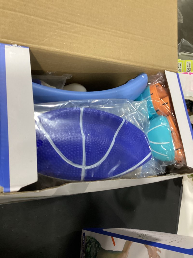 Condition photo showing Good Condition for pool basketball hoop poolside, floating pool toys with 4 basketballs/4 water balloons/pump, swimming pool games for kids & adults indoor outdoor play, blue without backboard-blue