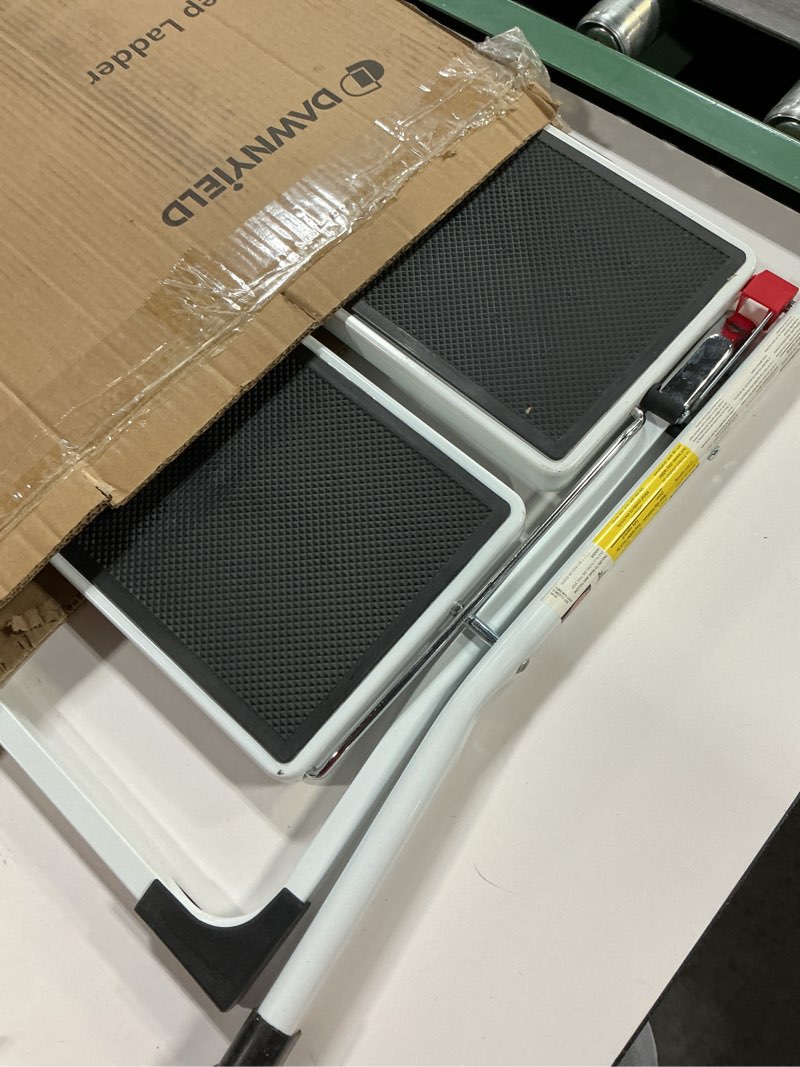 Condition photo showing Good Condition for 2 Step Stool Folding Step Ladder with Anti-Slip Base and Wide Pedal, Lightweight Sturdy 330 lbs Portable Step Stool for Kitchen Pantry Closet Office Garage Travel Indoor Outdoor Use, White 2 Step White