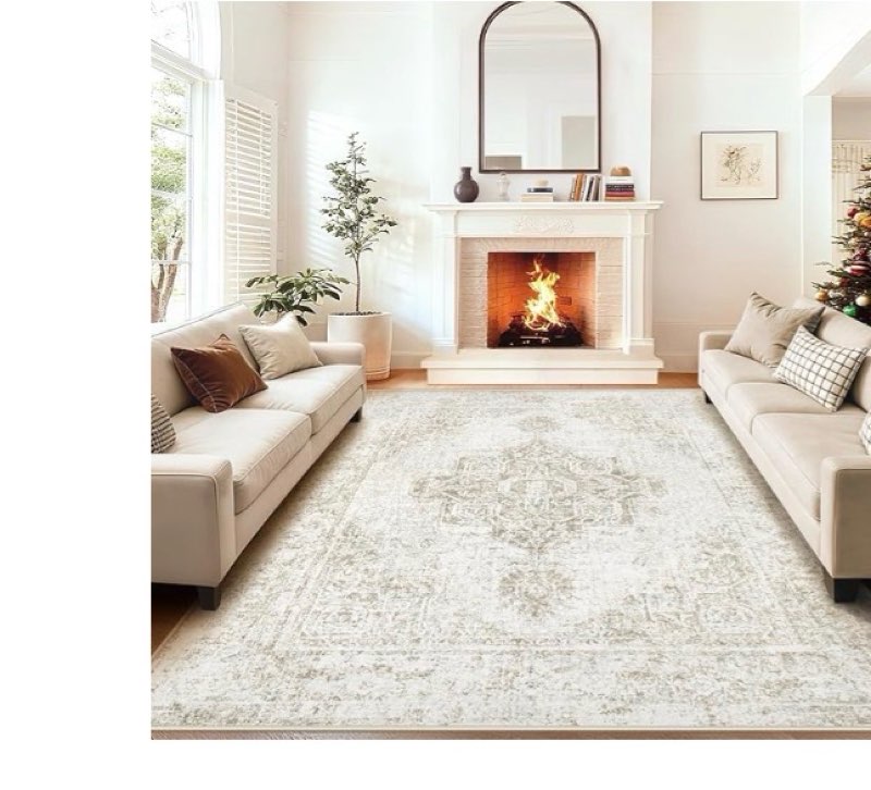 8x10 Area Rugs for Living Room, Washable Vintage Boho Neutral Medallion Rug Non Slip Low Pile Floor Carpet for Bedroom Dining Room Home