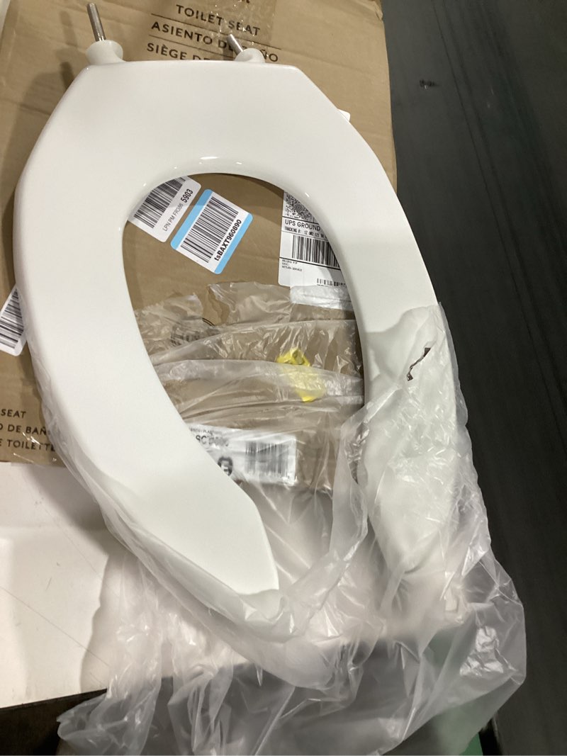 Condition photo showing New/Like New for bemis 1955ssct commercial open front plastic toilet seat, heavy duty industrial no slam seat without lid, secure installation, made in usa, elongated, white white elongated