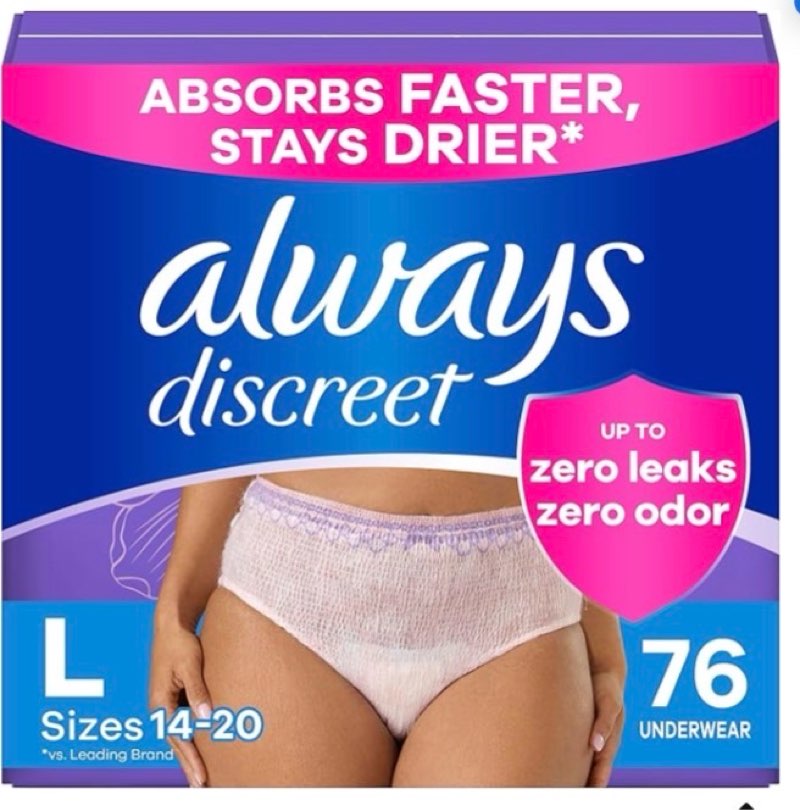 Always Discreet Adult Incontinence Underwear for Women and Postpartum Underwear, Large, Up to 100% Bladder Leak Protection, 76 Count (2 Packs of 38)
