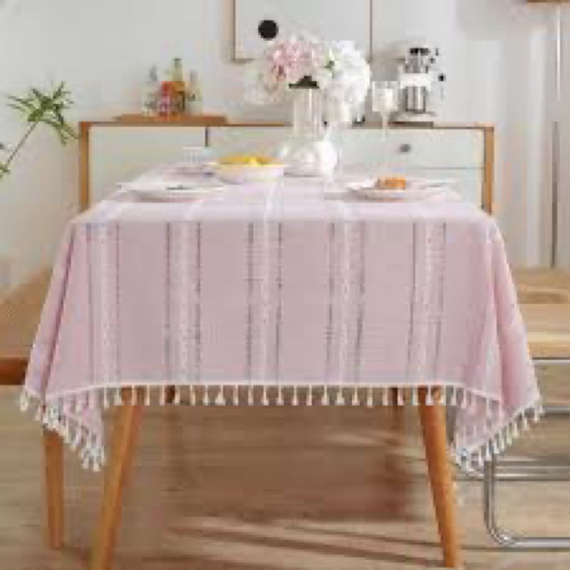 meioro Pink Rustic Table Cloth, Rectangle Textured Cotton Linen Fabric Tablecloth with Tassel, Valen