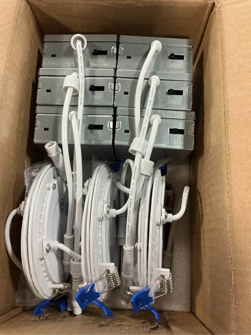 Condition photo showing Good Condition for Meconard 6 Pack 4 Inch LED Recessed Ceiling Light with Junction Box, 2700K/3000K/3500K/4000K/5000K Selectable, 9W=75W 750LM, Dimmable Canless Downlights, ETL and Energy Star Listed 5000k/4000k/3500k/3000k/2700k - 5cct white 4 Inch