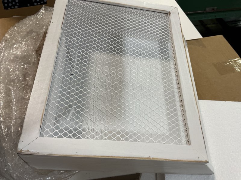 Condition photo showing New/Like New for mygift white wood magazine holder, chicken wire wall mounted mail sorter | chicken wire detailing and vintage styling sort letters, newspapers, and paperwork for convenient organization