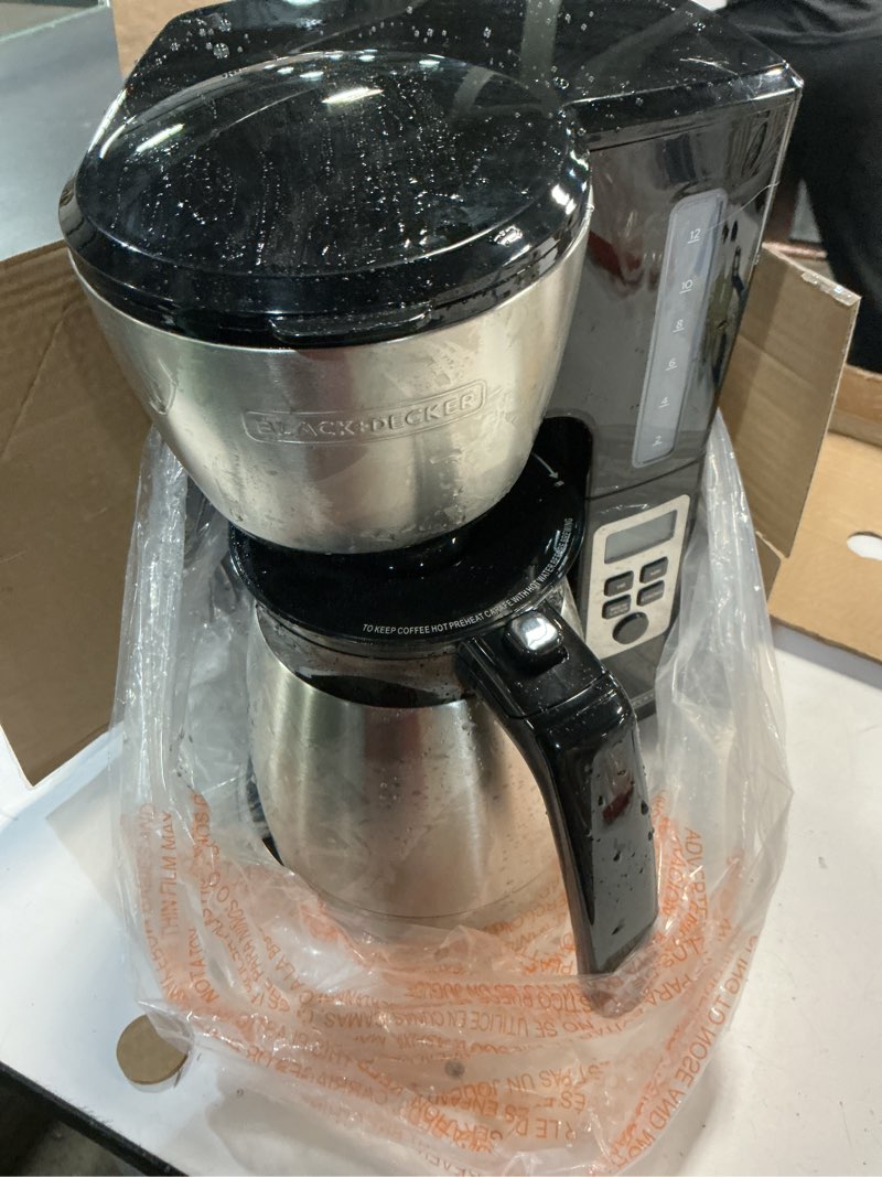 Condition photo showing As Is for black+decker 12 cup thermal programmable coffee maker with brew strength and vortex technology, black/steel