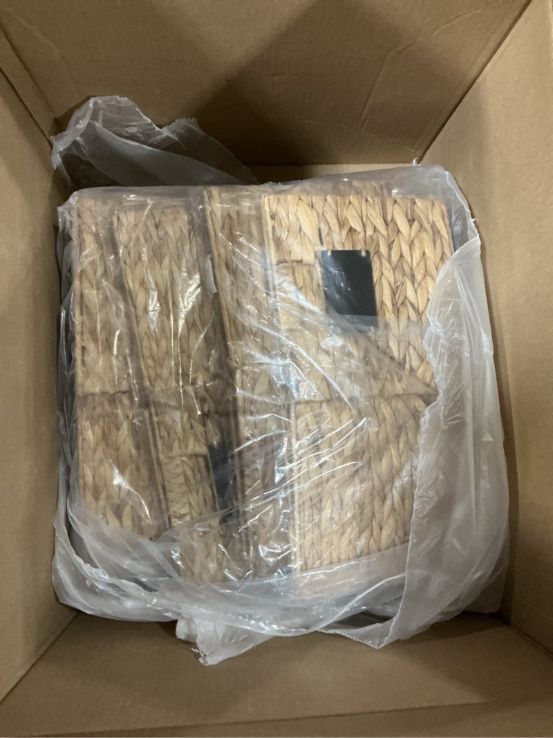 Condition photo showing Good Condition for Jinei 12 Pcs Wicker Storage Basket Bulk, 12 x 12 Inch Handwoven Water Hyacinth Folding Cube Bin with Handles Labels for Shelves Pantry Laundry Organization 12 Wood Color with Blackboard 12 x 12 x 12 Inch