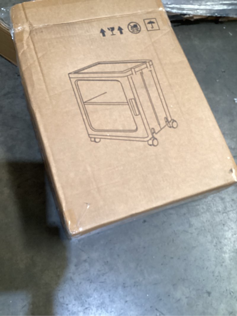 Condition photo showing As Is for stackable storage bins clear front door flip top lid