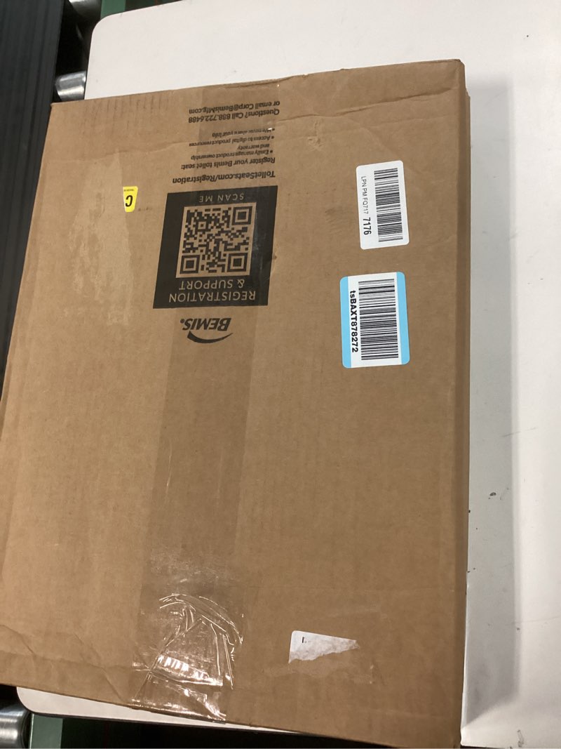Condition photo showing New/Like New for mayfair padded toilet seat, cushioned soft vinyl over wood core seat, secure hinges, easy clean, made in usa, elongated, bone round bone toilet seat
