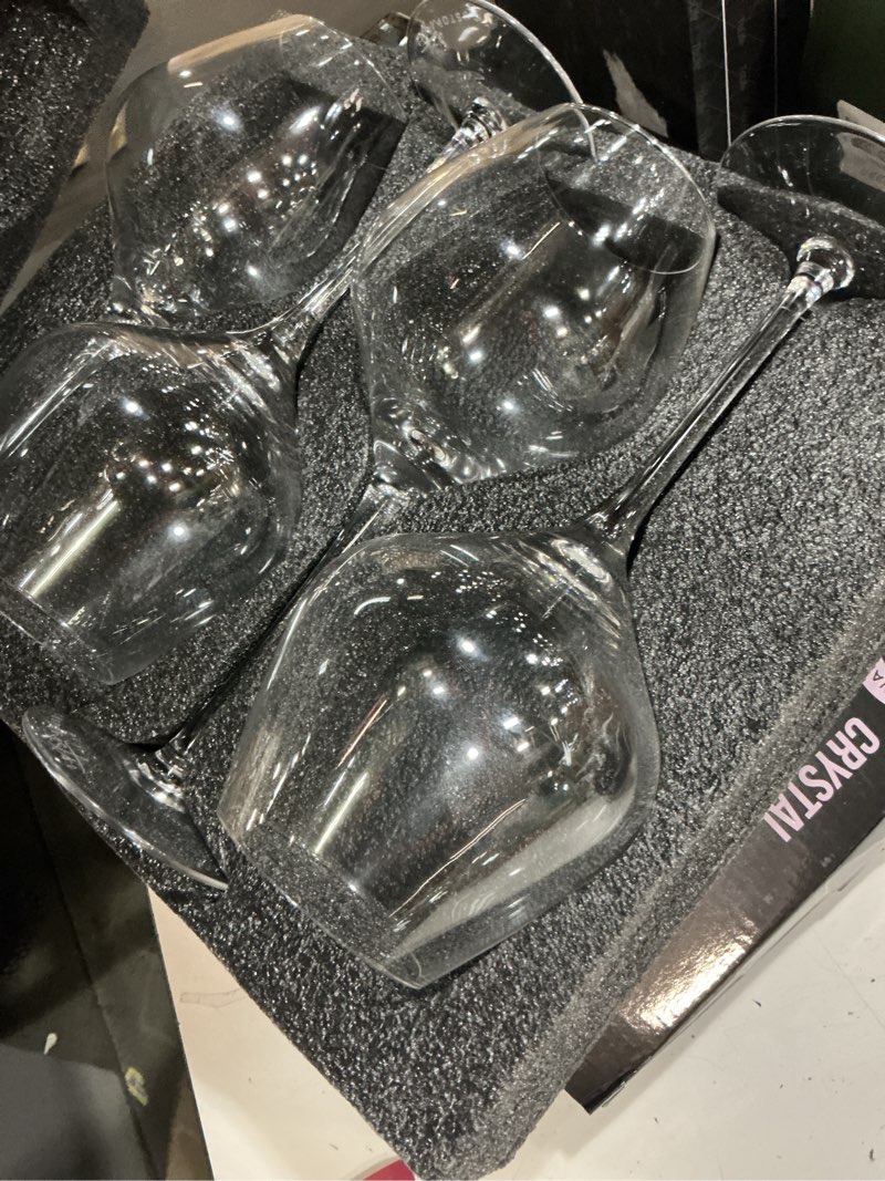 Condition photo showing Good Condition for gusto nostro crystal wine glasses set of 4, 22 oz long stem modern wine glasses for white and red wine, dishwasher safe, fancy, elegant, large and tall wine glass for wedding christmas anniversary set of 4 crystal