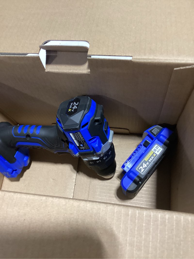 Condition photo showing As Is for kobalt 24-volt 1/2-in keyless brushless cordless drill 1-battery,  missing charger and soft bag
