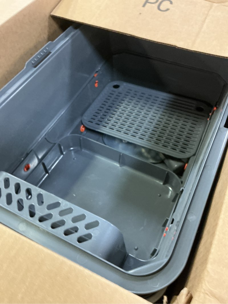 Condition photo showing As Is for FURTIME Stainless Steel Litter Box with Lid, Large Enclosed Cat Litter Box for Big Cats, Metal Cat Box with High Sided Enclosure & Scoop, Front & Top Entry, Odor Free, Anti-Leakage, Grey X-Large Grey