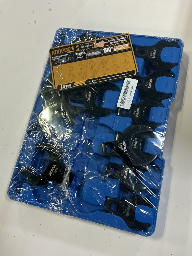 Condition photo showing As Is for 14 piece crows foot wrench set, sae shockit crows foot for 1-1/16" to 2" flare nuts for 1/2" drive rachets & extenders, blackened cr-v steel crowfoot wrenches