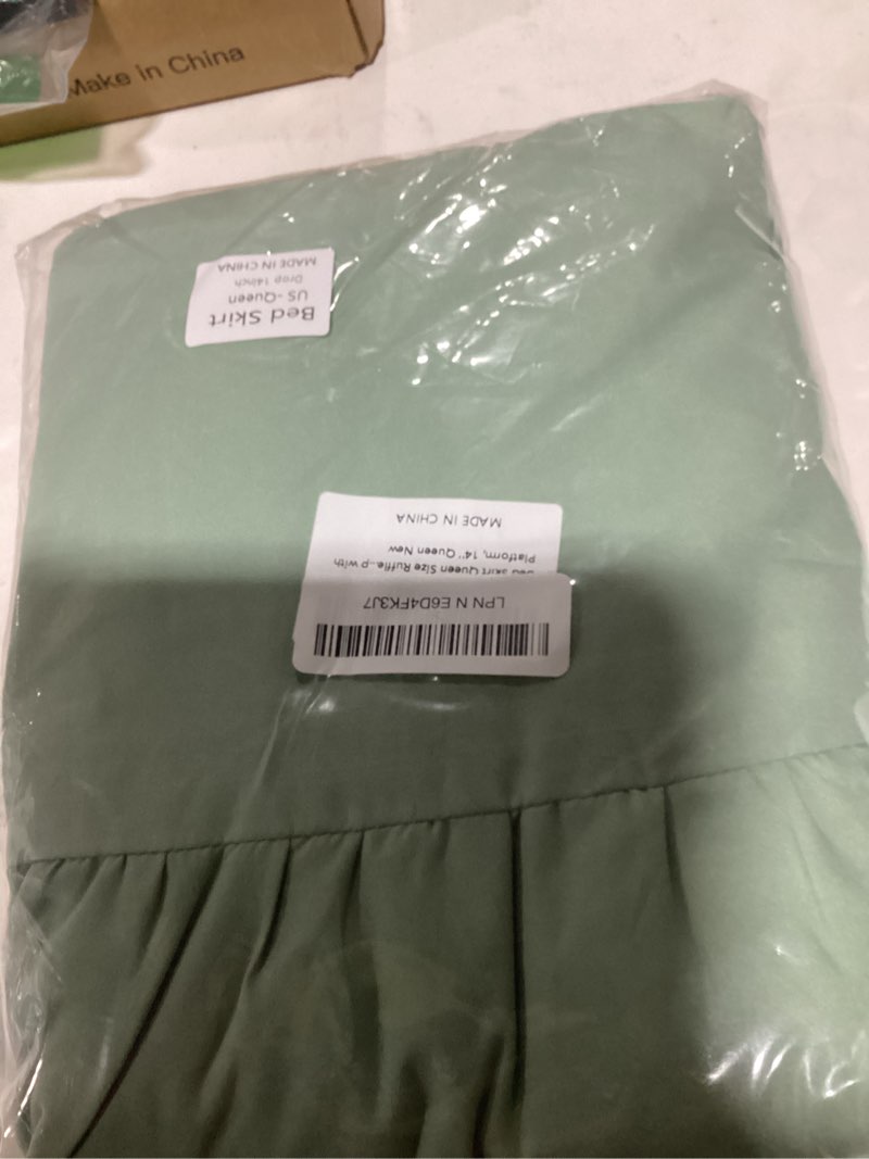 Condition photo showing Good Condition for bed skirt queen size ruffled bed skirt with split corners, queen bed skirts 14 inch drop with platform, 14'' queen, sage green sagegreen 14''queen