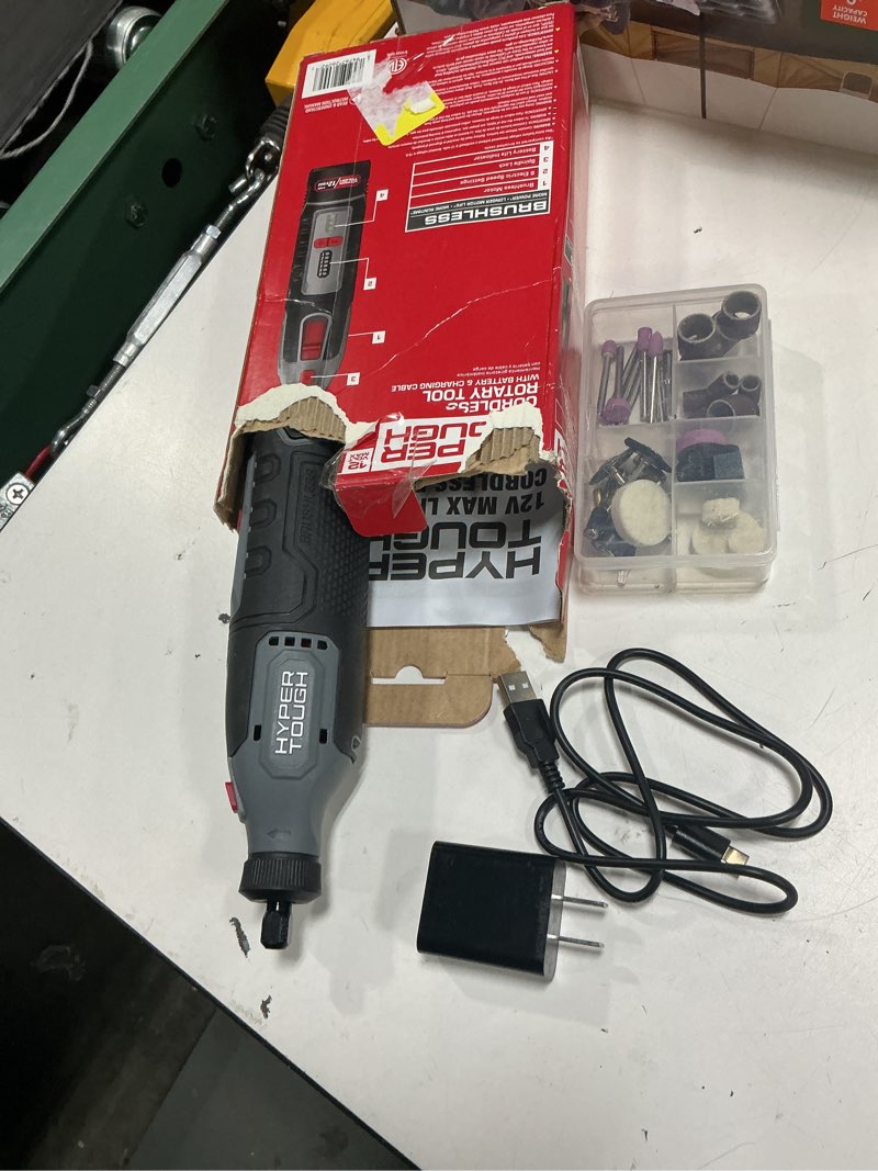 Condition photo showing As Is for hyper tough 12v max cordless rotary tool with 40-piece accessory kit
