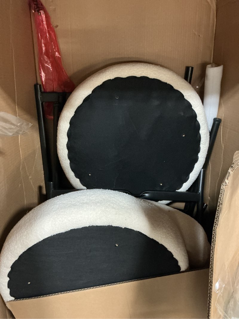 Condition photo showing As Is for dining chairs set of 2, boucle upholstered modern mid century round kitchen chairs with curved backrest & metal legs for vanity, living room (white-1)