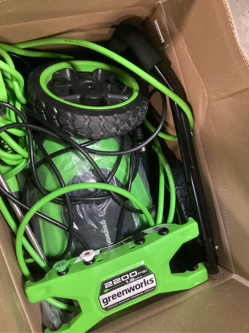 Condition photo showing As Is for greenworks 2200-psi 1.2-gpm cold water electric pressure washer with 4 spray tips