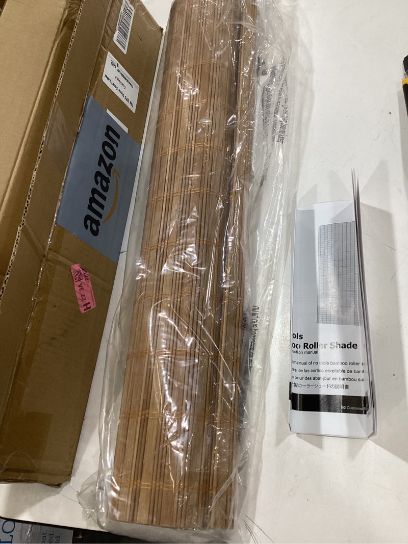 Condition photo showing Good Condition for lazblinds no tools no drill bamboo roller shades, custom size cordless blinds, custom light filtering bamboo roll up blinds for windows, wood window blinds - squirrel squirrel custom size