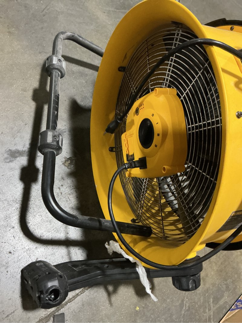 Condition photo showing As Is for dewalt 18-in high velocity indoor/outdoor industrial fan, battery powered, in yellow