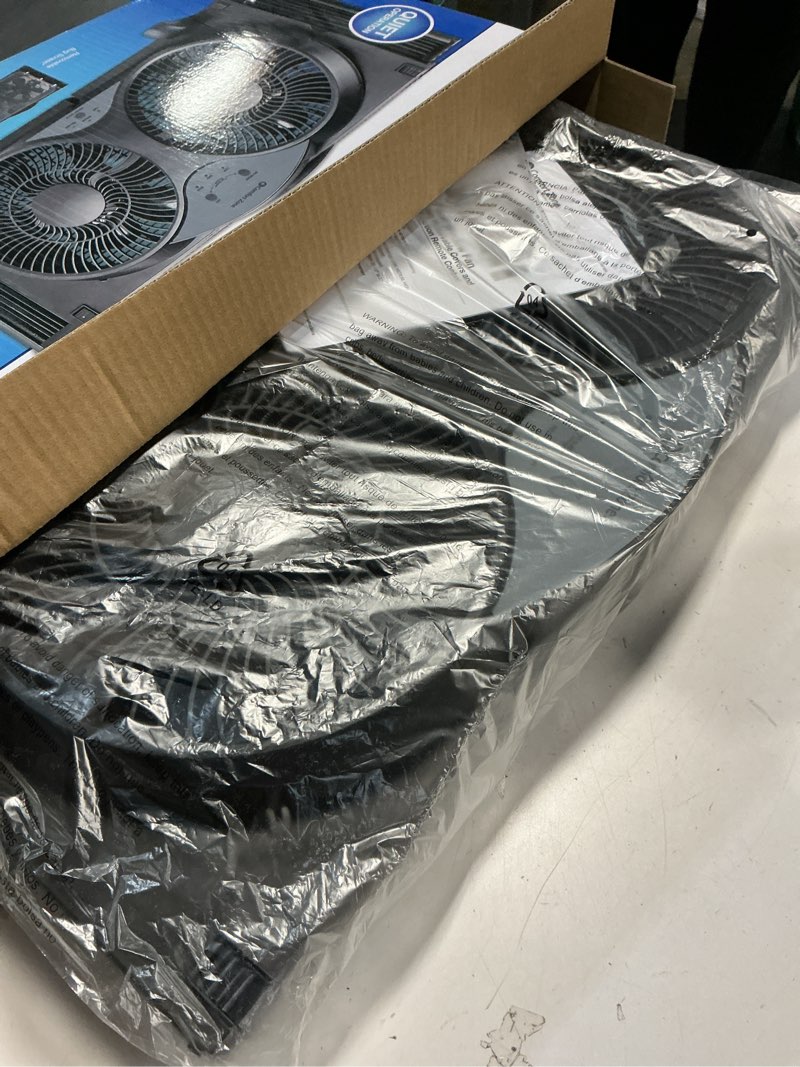 Condition photo showing Good Condition for comfort zone 9-inch reversible twin window fan with remote control – 3-speed dual blade fan with exhaust, cooling & circulate modes, expandable width 23.5" to 37", removable bug screen & tabletop feet black 3-speed w/remote
