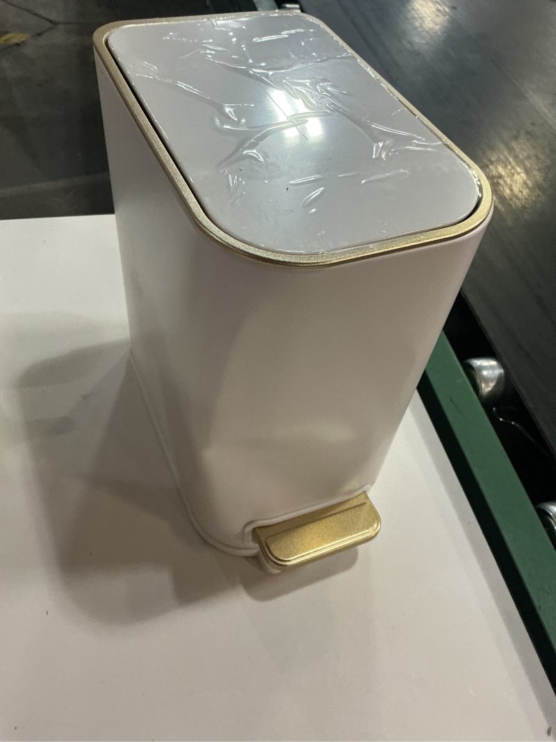 Condition photo showing As Is for tipgo small bathroom trash can with lid soft close, step pedal, 5 liter / 1.3 gallon stainless steel trash bin, slim garbage cans for toilet, office, bedroom (white)