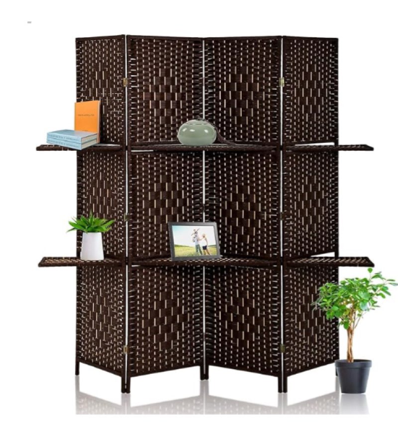 4 Panels Room Divider Wall Dividers Double Hinged Privacy Wooden Partition Screen w/ 2 Removable Storage Shelves Folding Room Dividers Home,Office?Brown?, 4 Panel (WS-DB45-BROWN)