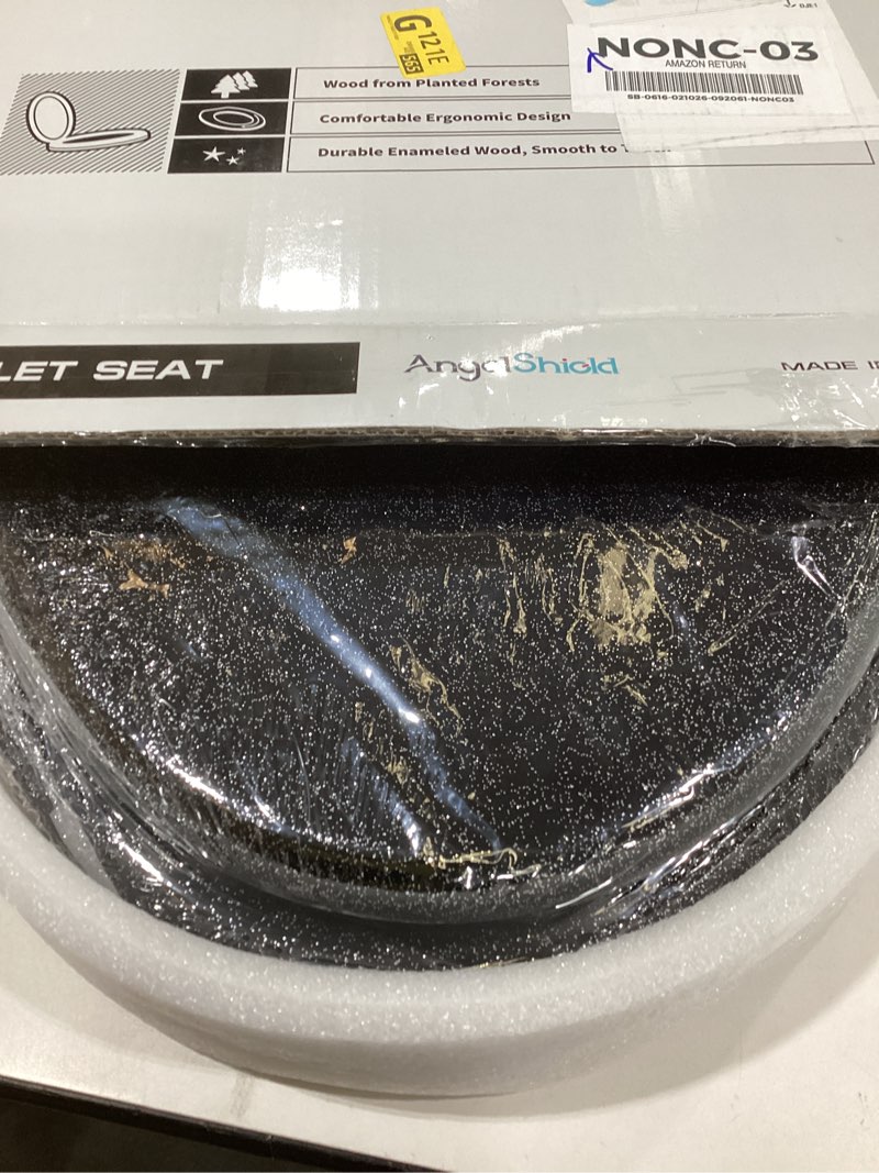 Condition photo showing Good Condition for angol shiold glitter toilet seat molded wood elongated toilet seat with quietly close and quick release hinges, easy to install also easy to clean (elongated 18.5'', black) elongated 18.5‘’ black