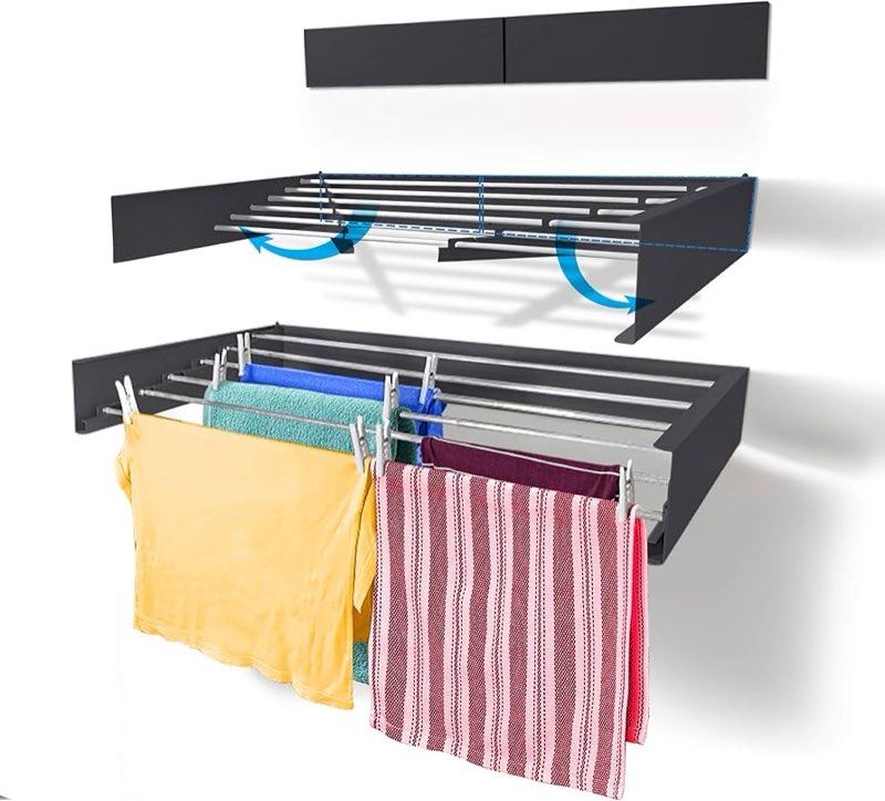 wall mounted drying rack 40", foldable laundry drying rack with stainless steel rods, retractable laundry space saver for indoor & outdoor use, include wall template black 40" wide