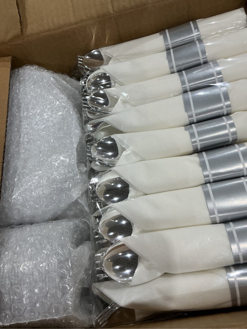 Condition photo showing Good Condition for goodluck 350 piece silver plastic dinnerware set for 50 guests, fancy disposable plates for party, include: 50 dinner plates, 50 dessert plates, 50 pre rolled napkins with silver silverware, 50 cups silver 350 piece (50 guests)
