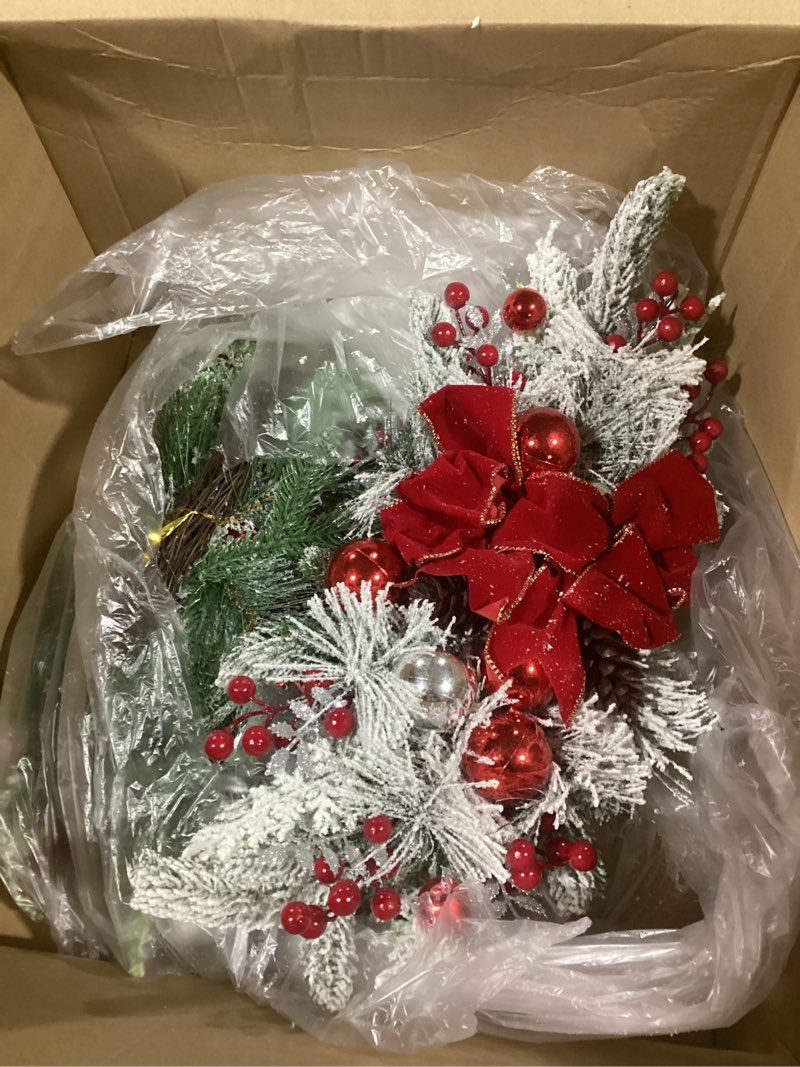 Condition photo showing As Is for Hiboom 3 Pack Christmas Artificial Swags 24" Xmas Door Stair Swags Teardrop Swag Cordless Prelit Christmas Stairway Decoration with LED Lights for Indoor Outdoor Decor (Cute)