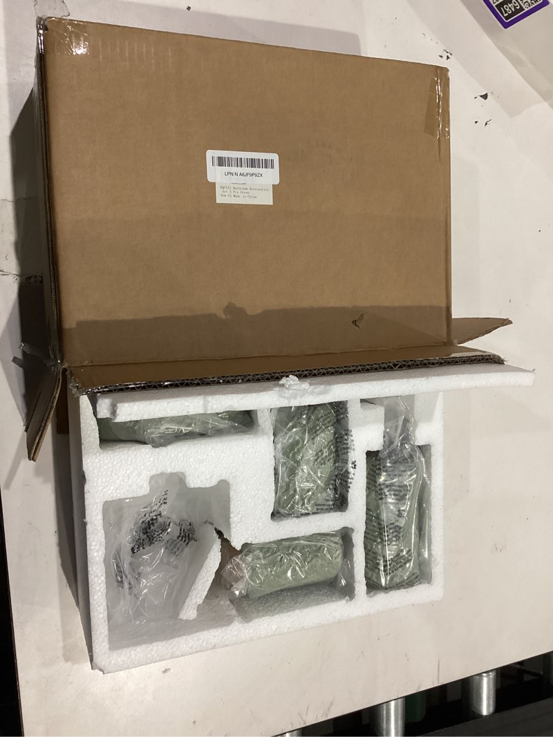 Condition photo showing As Is for Bathroom Accessories Set 5 Pieces Toothbrush Holder Soap Dispenser Ceramic Bathroom Accessory Set Contain Cotton Swab Jar Toothbrush Cup Soap Dish Tumbler Green Green-5pcs