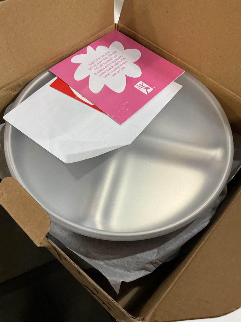 Condition photo showing New/Like New for stainless steel divided plates + silicone sleeve and storage lid | baby, toddler, kids | dinner & snack plates | 4 pack sage/mistyblue/gray/navy non-suction sleeve