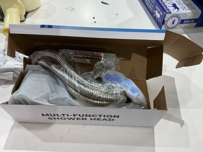 Condition photo showing Good Condition for high pressure shower head, high power shower head and hose set with 4 filters, 59‘’ hose & bracket, 4 spray modes & pause switch, hard water filtered showerhead with handheld, gray