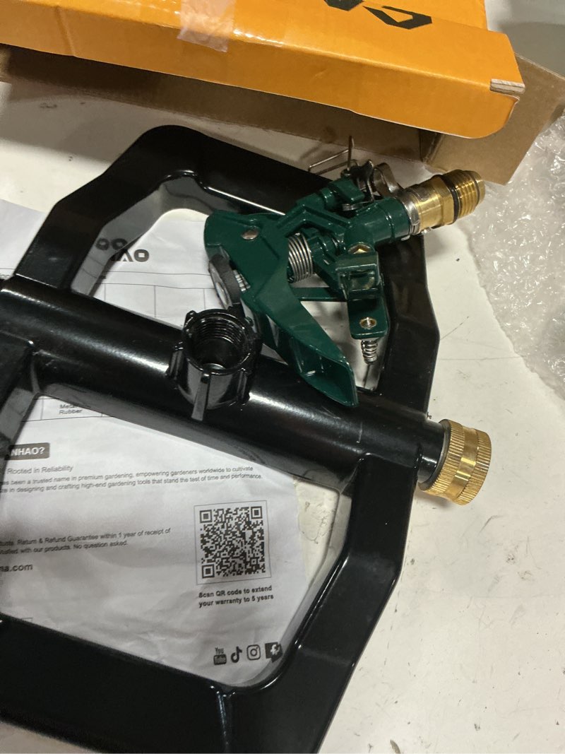 Condition photo showing Good Condition for fanhao heavy duty 360 degree pulsating impact sprinkler, adjustable lawn sprinkler with metal base, covers up to 5,800 sq. ft, large area irrigation system for lawn, garden plant & patio cooling green