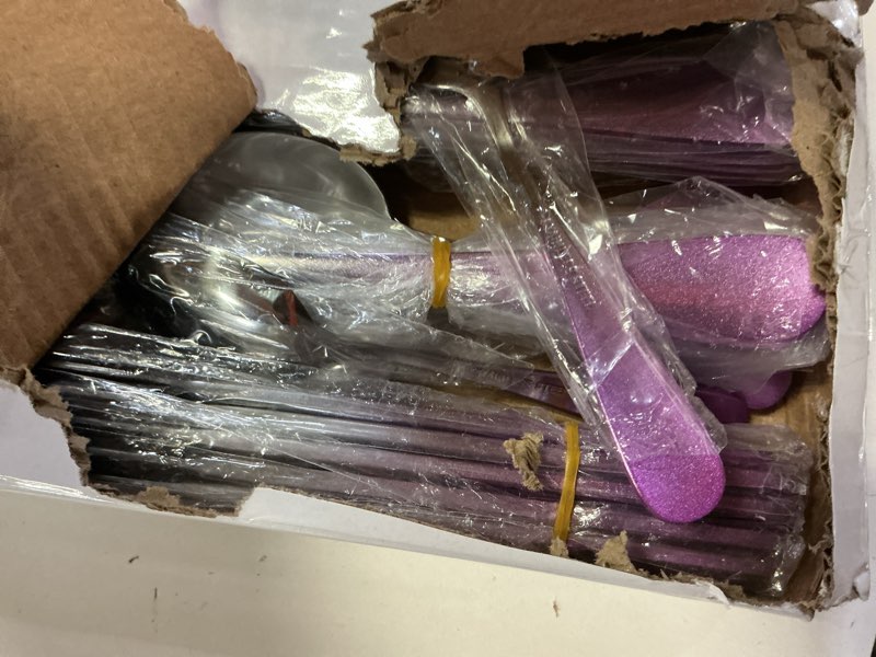 Condition photo showing Good Condition for caliamary 24-piece stainless steel flatware set with silverware organizer - includes dinner forks,knives,spoons,coffee spoon - modern silverware for 6,dishwasher safe & rustproof (purple silver)