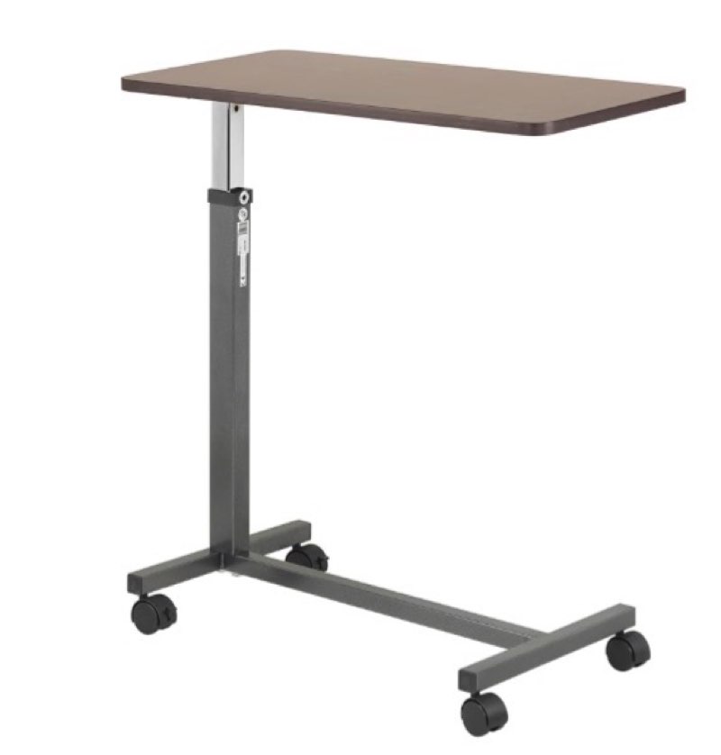 (similar item)drive medical overbed table with wheels - secure height adjustment for comfort - non tilt surface - smooth rolling design - home & hospital use - woodgrain laminate top - silver vein
