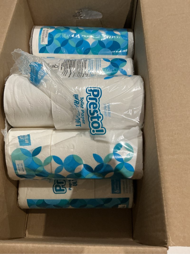 Condition photo showing As Is for amazon brand - presto! 2-ply ultra-soft toilet paper, 24 family mega rolls = 120 regular rolls, 6 count (pack of 4), unscented