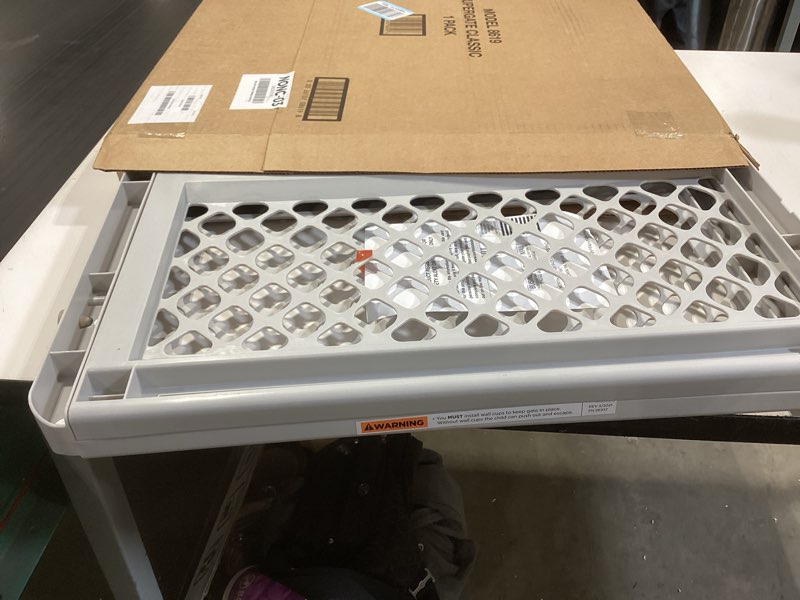 Condition photo showing Good Condition for mypet north states universal pet gate: 26” - 42” wide dog gate. use as pressure mounted gate or swinging door with included hardware. dog gates for doorways, 26" tall, gray