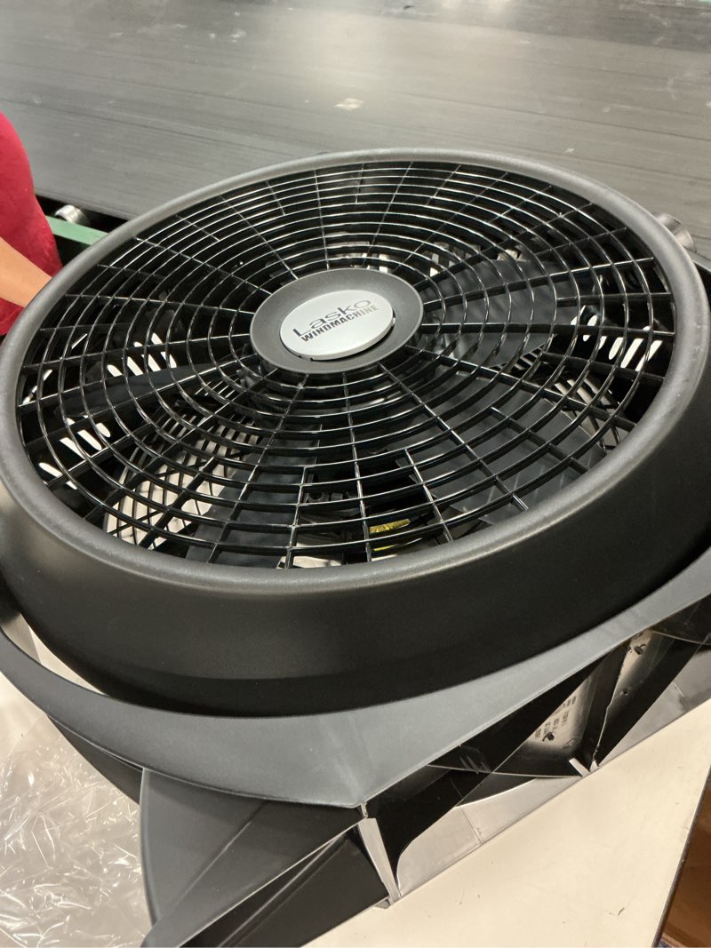 Condition photo showing As Is for lasko windmachine 20" large floor fan with pivoting head for whole room cooling, portable indoor 3-speed air circulator, black, a20305