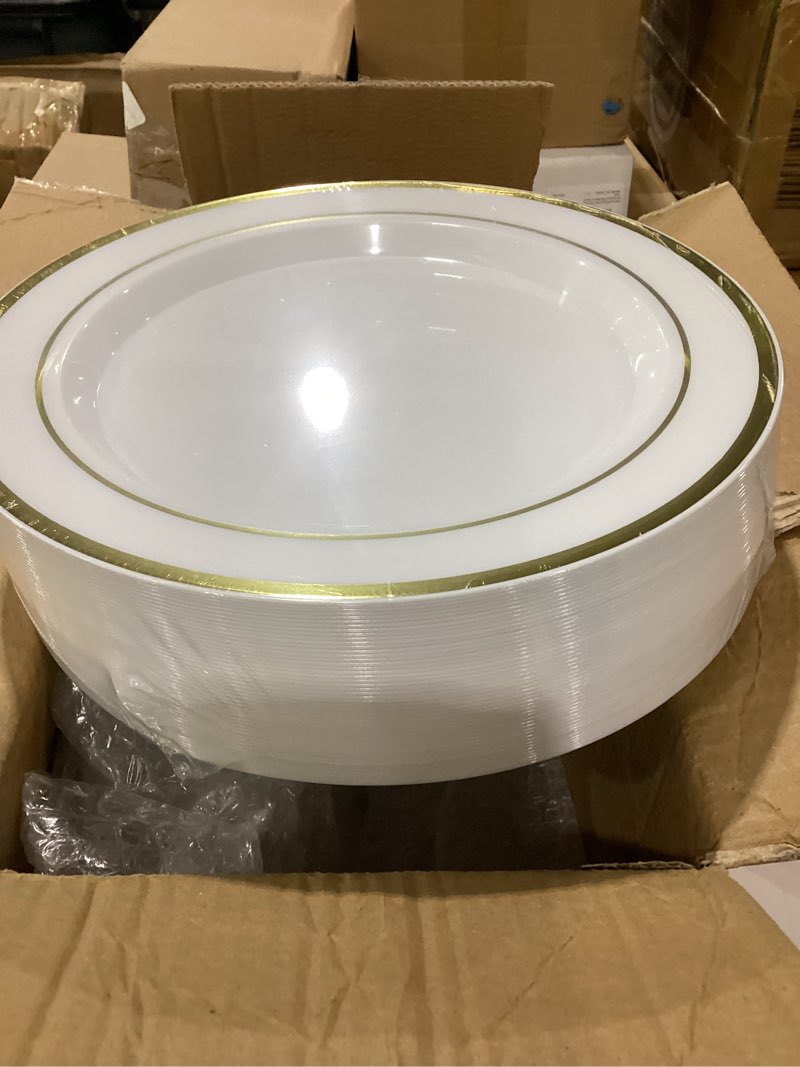 Condition photo showing Good Condition for 200pcs white plastic plates with gold rim, disposable heavy duty plastic plate, 100 dinner and 100 dessert plates for party and wedding