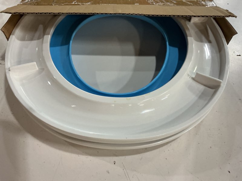 Condition photo showing As Is for 17" white round toilet seat for adult and child, built-in potty training seat with soft quiet close non-slip design, magnetic kids seat and cover for round/oval toilets, easy to install and clean round (17?) white, with toddler seat