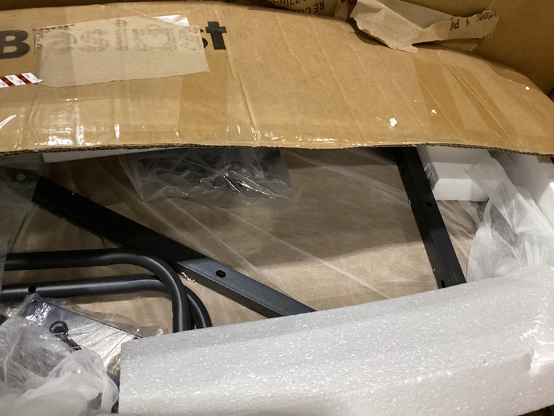 Condition photo showing As Is for 32" Height Adjustable Standing Desk with Power Outlets - Manual Rolling Stand Up Desk with Wheels Small Portable Computer Desk Mobile Laptop Table with Storage Shelves for Home Office, Rustic 32'' Rustic