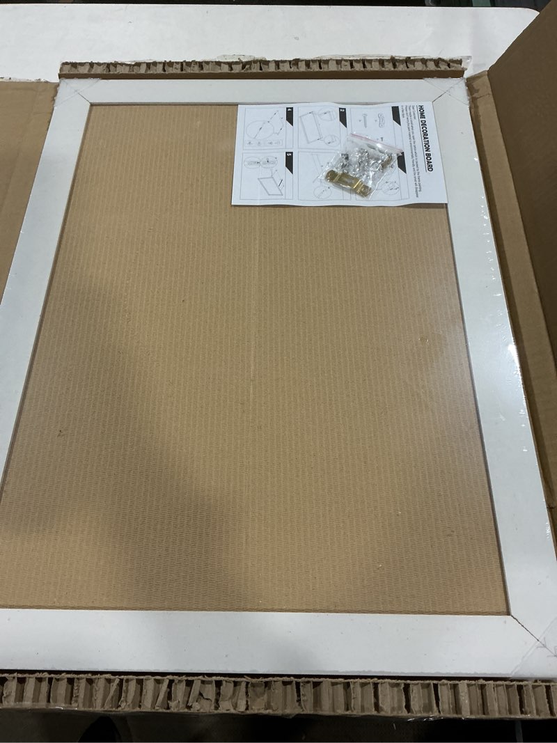 Condition photo showing New/Like New for DOLLAR BOSS White Cork Board for Wall - 24 X 18 Inches, Rustic Wooden Frame Bulletin Board, Decorative Hanging Pin Board for Office & Home Decor White 24''X 18‘’