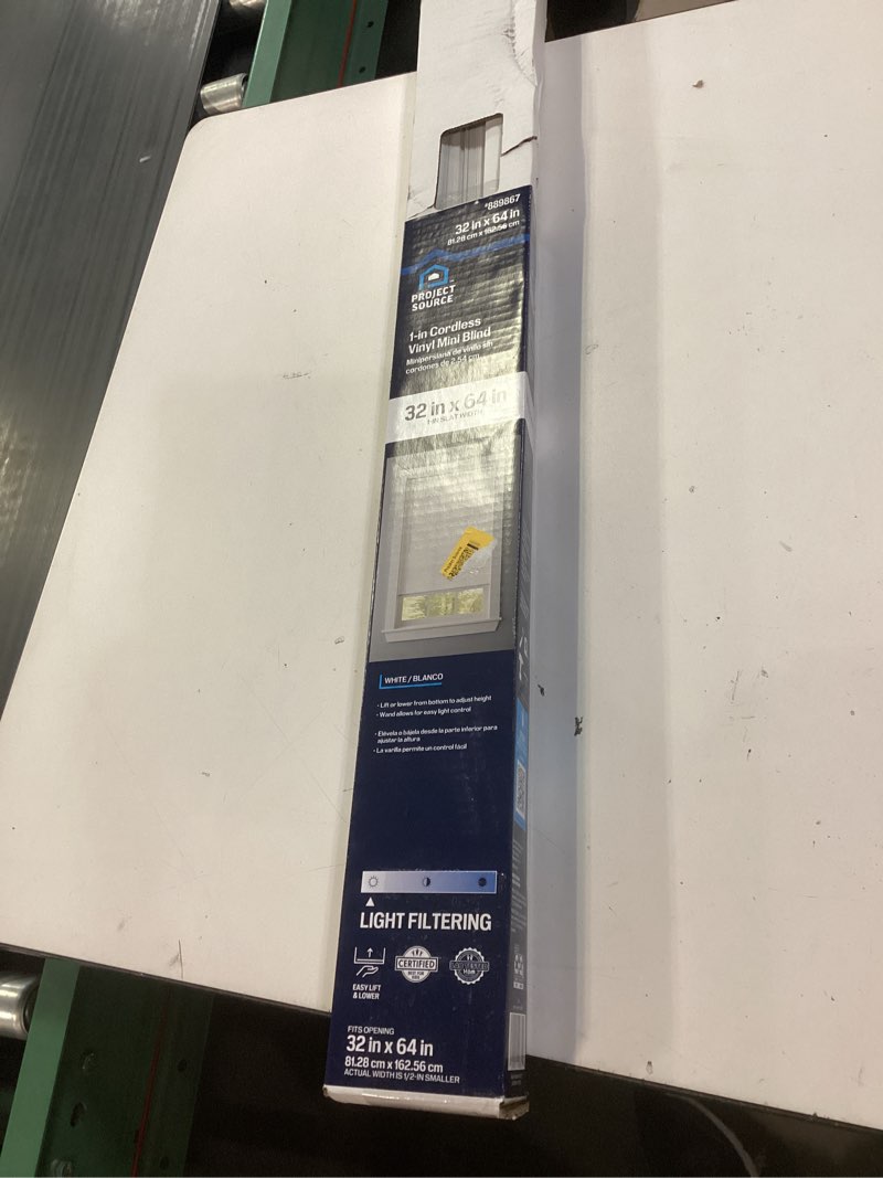Condition photo showing As Is for project source light filtering 1-in slat width 32-in x 64-in cordless white vinyl light filtering mini-blinds