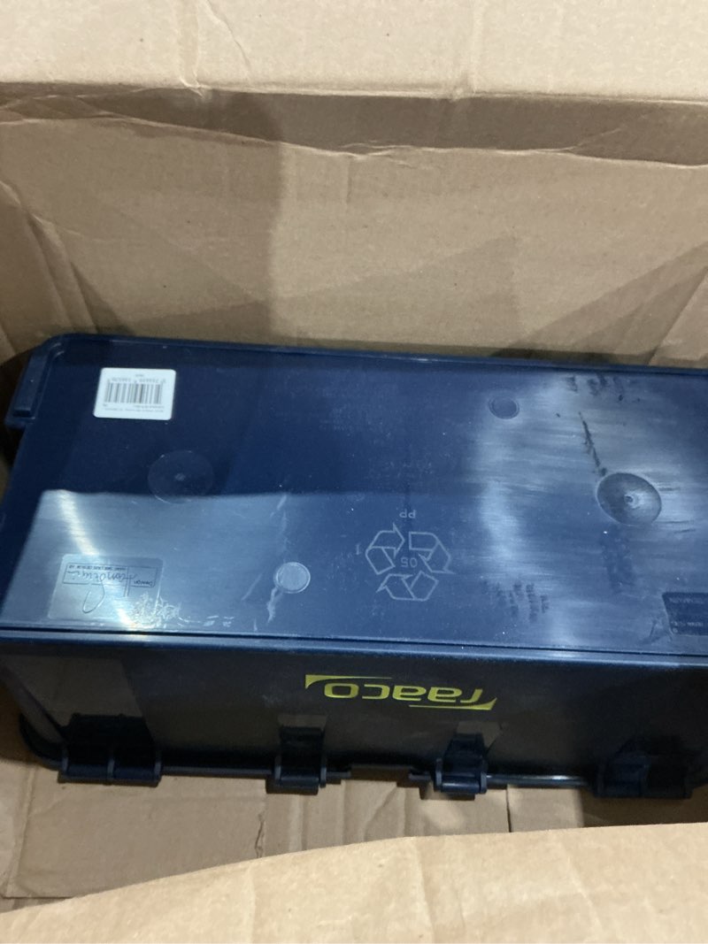 Condition photo showing As Is for raaco tool box with removable trays - 66 lb load capacity (compact 20) | durable plastic polypropylene (pp) organizer with handle, stackable & lockable, 66 lb load capacity (compact 20) - accessory close