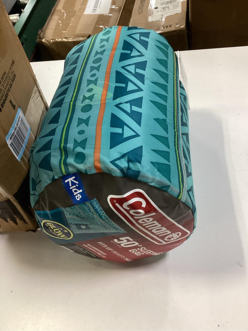 Condition photo showing Good Condition for Coleman Kids 50°F Sleeping Bag, Comfortable Youth Sleeping Bag for Sleepovers & Camping, Fits Children up to 5ft Tall, Glow in The Dark Design, Stuff Sack Included, Machine Washable Teal Pfas-free