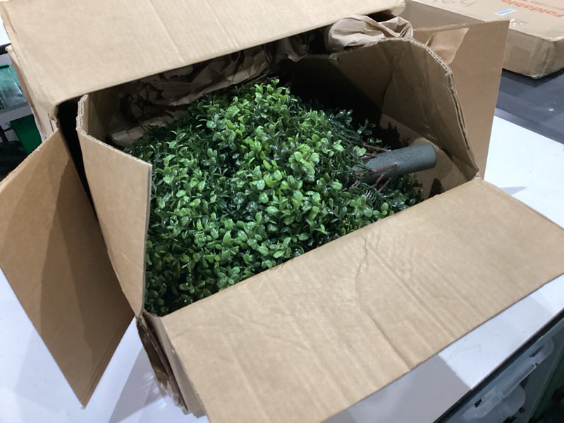 Condition photo showing Good Condition for qcqhdu artificial boxwood topiary trees for outdoor, 26.8" fake shrubs evergreen ball bush with ground spike,uv resistant faux greenery plants for indoor,garden,yard,front porch,patio decor,set of 2 boxwood tree