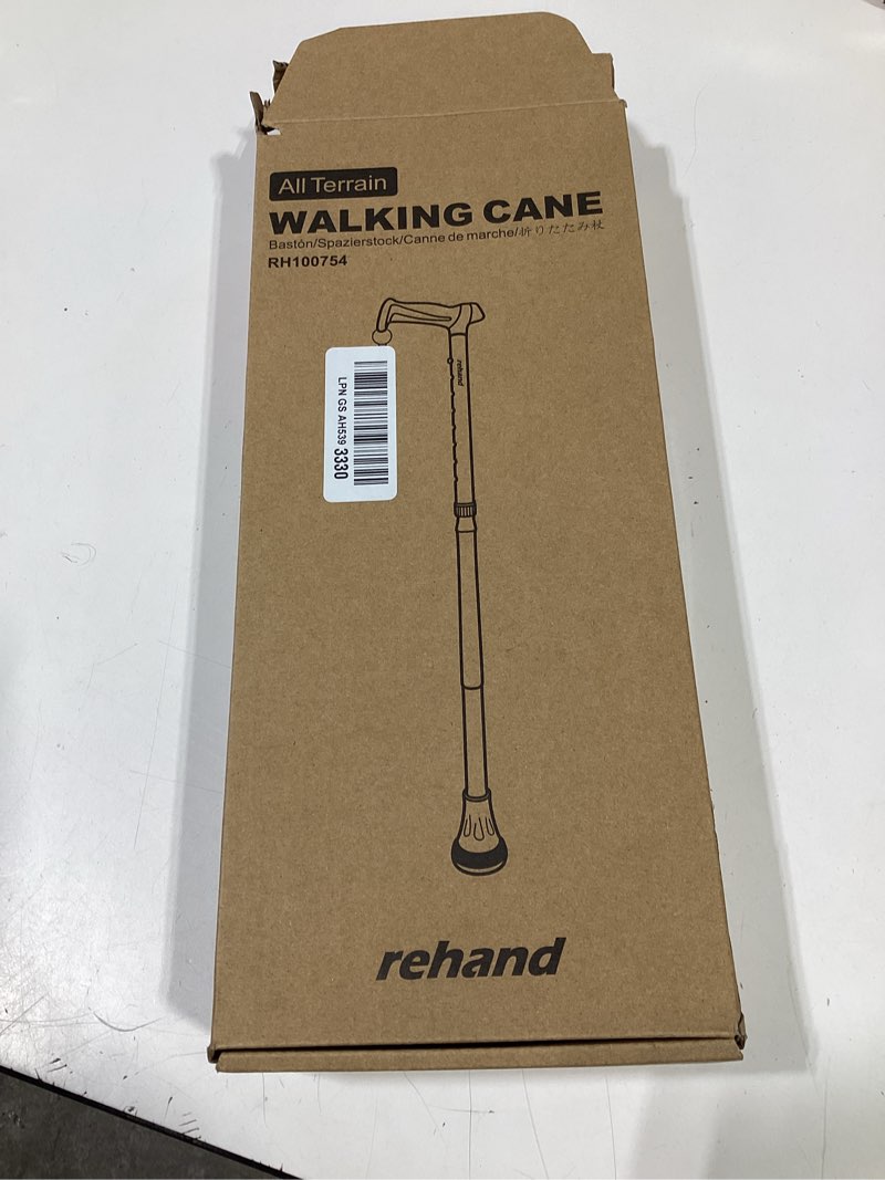 Condition photo showing As Is for rehand walking cane - foldable, adjustable, collapsible walking canes for men & women, heavy duty all terrain tip, with travel bag | walking sticks for seniors & adults natural black
