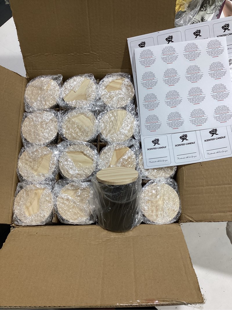 Condition photo showing New/Like New for showin thick candle jars for making candles 16 pcs, 7 oz empty jars with wood lids for candle making, sample container, matte black matte black 7oz