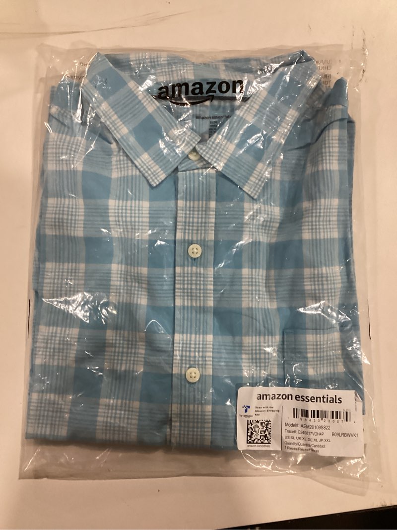 Amazon Essentials Men's Slim-Fit Short-Sleeve Poplin Shirt, Light Blue White Plaid, X-Large